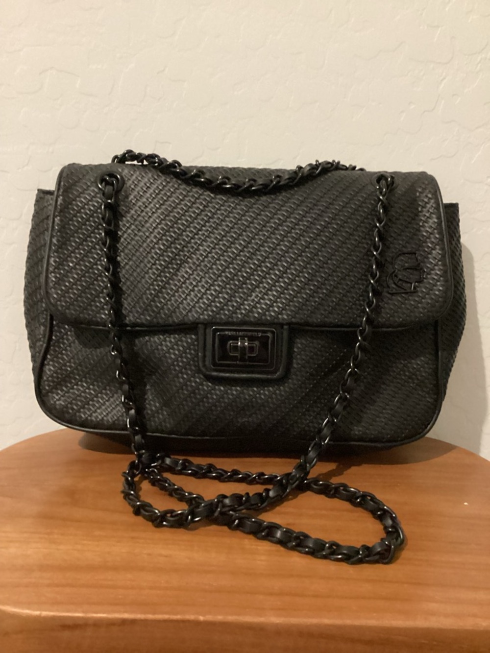 Karl Lagerfeld Black Textured Chain-Shoulder Bag